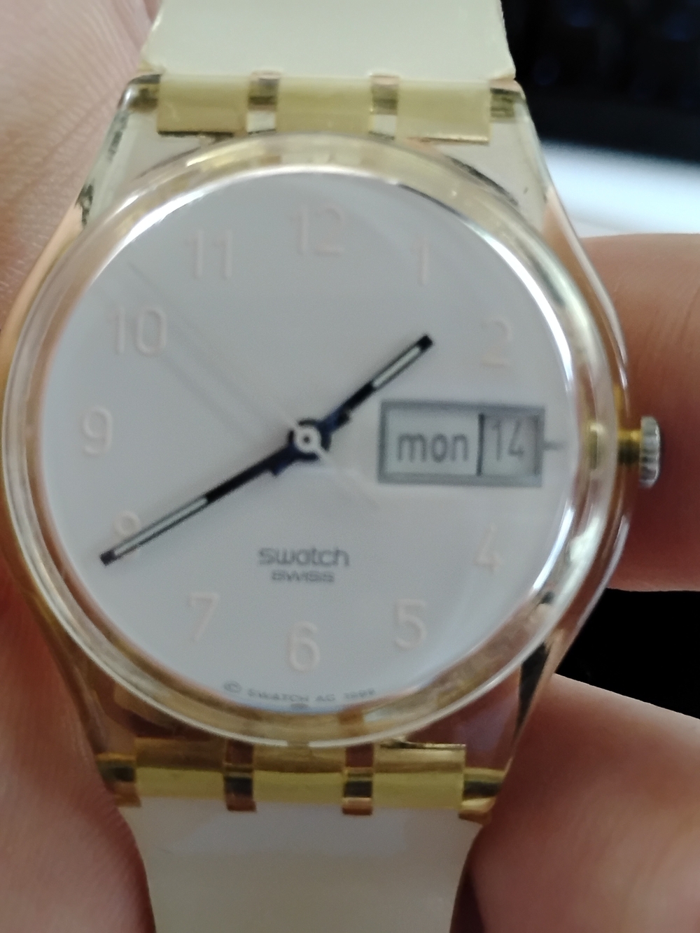 Swatch White Dial Watch with Gold Accents Tested And Running